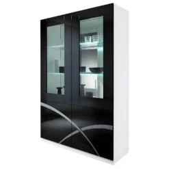 ALYSSA - Vitrine 2 Portes Laquée Brillant Blanc Et Noir