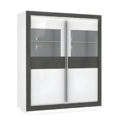 Armoire Vitrine 2 Portes Bois Blanc Et Gris Lumière LED - CALVI