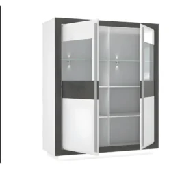 Armoire Vitrine 2 Portes Bois Blanc Et Gris Lumière LED - CALVI -Pas Cher Mobiliora Magasin bibliotheque vitrine et etagere 10004935