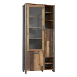 Vitrine 3 Portes Et 14 Niches Effet Bois Vieilli Et Béton Gris - BUCK