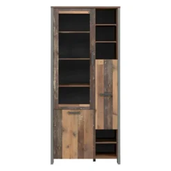 Vitrine 3 Portes Et 14 Niches Effet Bois Vieilli Et Béton Gris - BUCK -Pas Cher Mobiliora Magasin bibliotheque vitrine et etagere 10005175