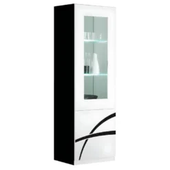 ALYSSA - Vitrine Droite 1 Porte Laquée Brillant Noir Et Blanc