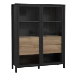 Vitrine Large Décor Noir Et Effet Chêne Avec Poignées Noir - MODE