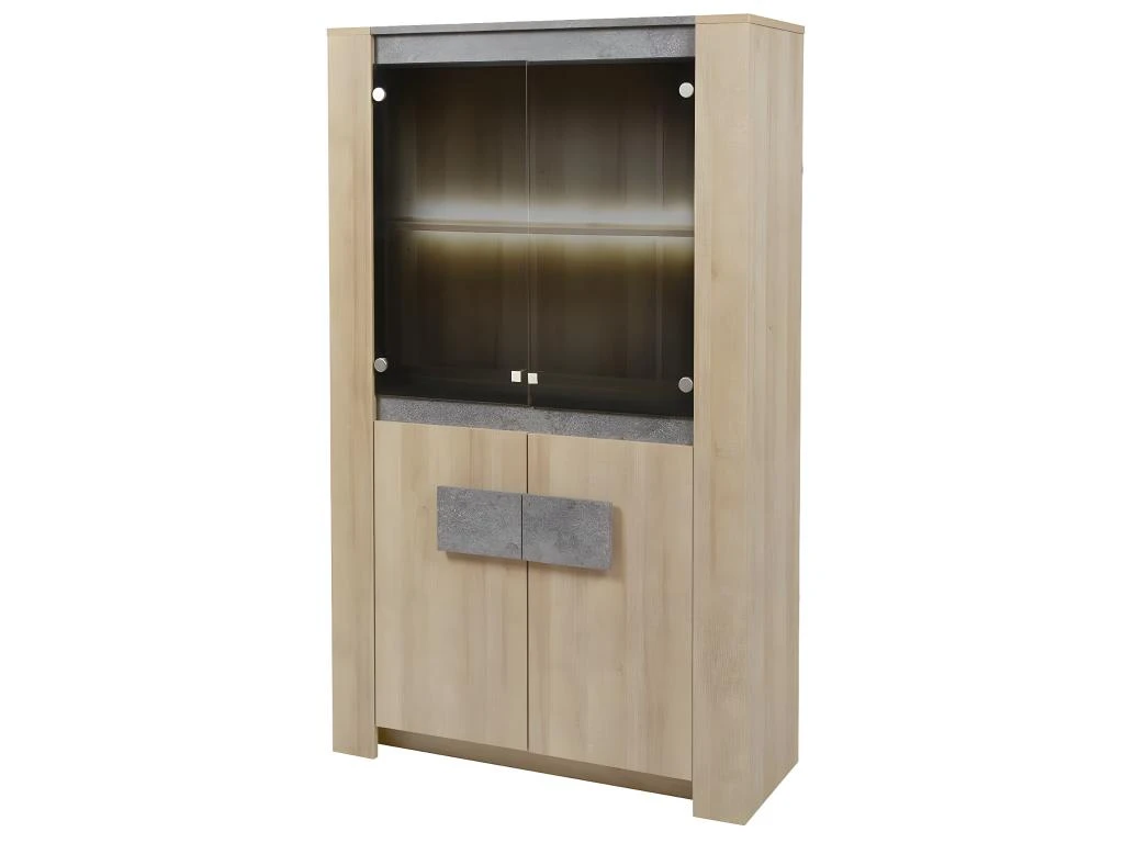 FANNY - Vitrine 2 Portes Aspect Bois Et Pierre + Eclairage Led 3 FANNY - Vitrine 2 Portes Aspect Bois Et Pierre + Eclairage Led
