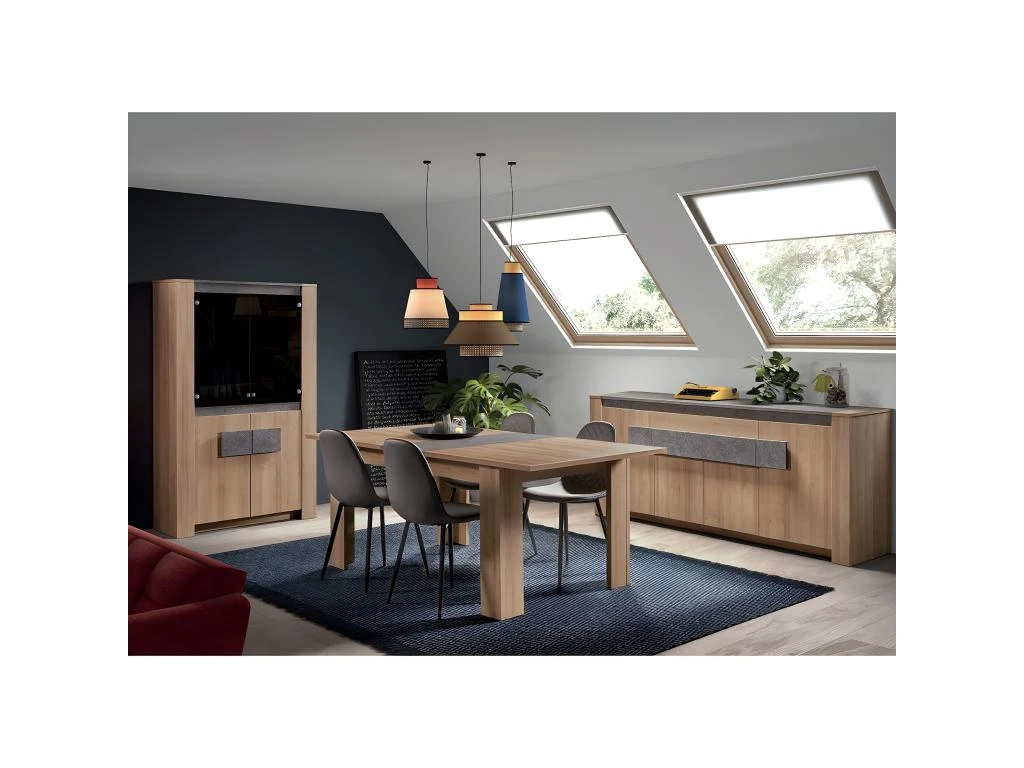 FANNY - Vitrine 2 Portes Aspect Bois Et Pierre + Eclairage Led 4 FANNY - Vitrine 2 Portes Aspect Bois Et Pierre + Eclairage Led – Image 2