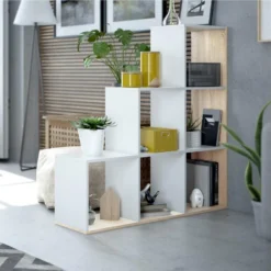 Étagère Bibliothèque Estela, Couleur Blanc/Chêne, Salle à Manger Ou Bureau -Pas Cher Mobiliora Magasin bibliotheque vitrine et etagere 10758947