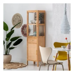 Vitrine 2 Portes 1 Tiroir Bois Naturel N°1 - CHRISTINA -Pas Cher Mobiliora Magasin bibliotheque vitrine et etagere 11129067