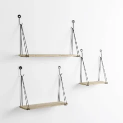 Set De 3 étagères Murales Airas En Métal Noir Et Bois De Paulownia