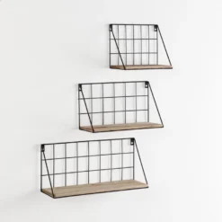 Set De 3 étagères Murales Amede Métal Noir Et Bois Paulownia