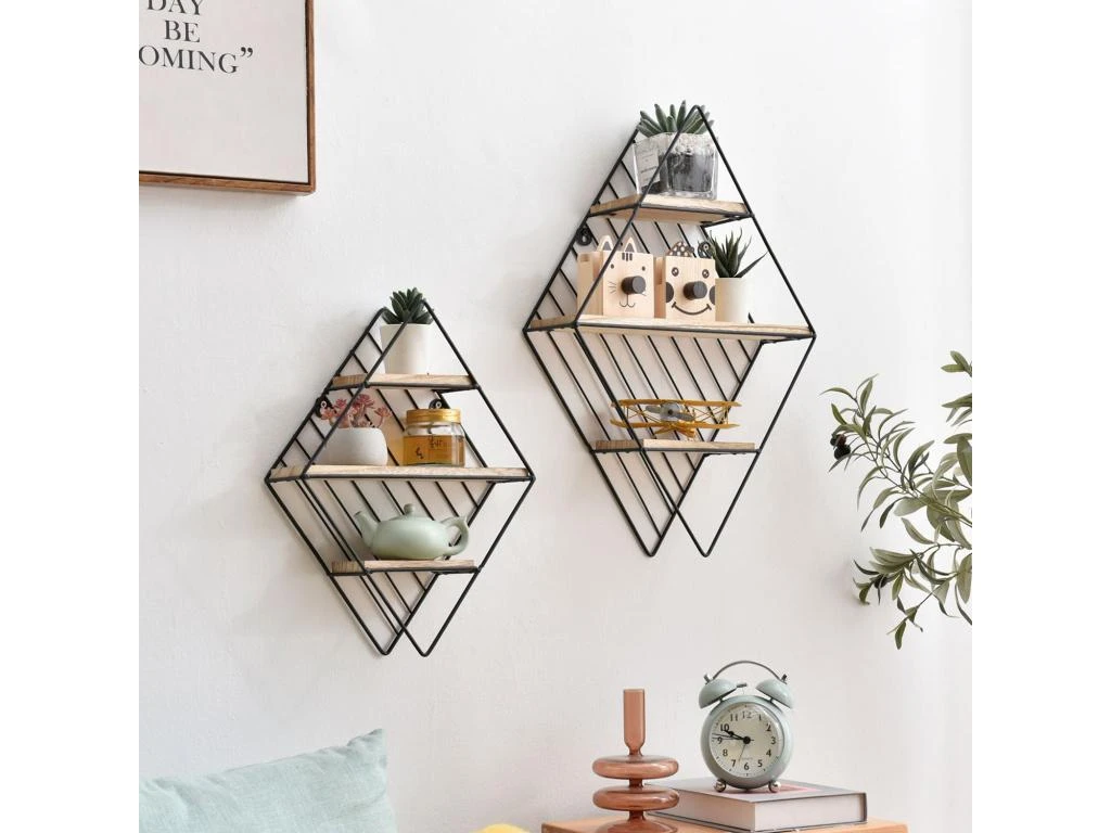 Set De 2 étagères Murales Diamante En Métal Noir Et Bois De Paulownia 4 Set De 2 étagères Murales Diamante En Métal Noir Et Bois De Paulownia – Image 2