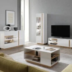 Vitrine MURARI - 1 Porte - Avec LEDs - Blanc Brillant Et Chêne -Pas Cher Mobiliora Magasin bibliotheque vitrine et etagere 12524435