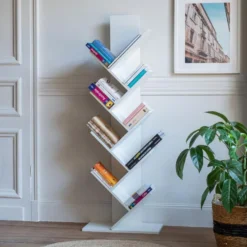 Bibliothèque 8 étagères Inclinées Blanche SIMONE - HAPPY GARDEN