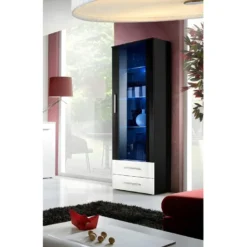 Vitrine NEO I Design, Coloris Noir Brillant, Tiroirs Blancs Brillants + LED.