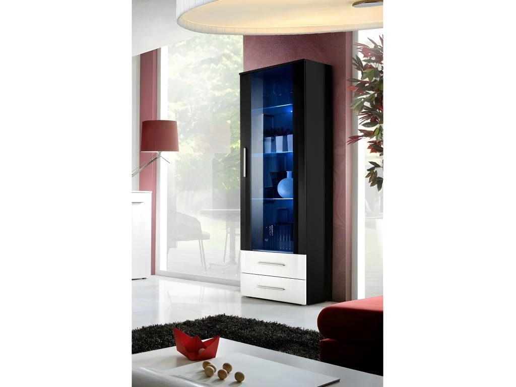 Vitrine NEO I Design, Coloris Noir Brillant, Tiroirs Blancs Brillants + LED. 3 Vitrine NEO I Design, Coloris Noir Brillant, Tiroirs Blancs Brillants + LED.