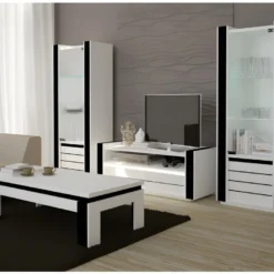 Vitrine Petit Modèle LINA Blanche Et Noire Brillante Avec LED -Pas Cher Mobiliora Magasin bibliotheque vitrine et etagere 8926881