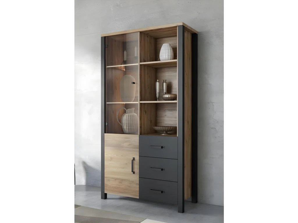 Vitrine Large Design Collection DARWIN. Couleur épicéa Et Noir. 2 Portes, 3 Tiroirs, 3 Niches 4 Vitrine Large Design Collection DARWIN. Couleur épicéa Et Noir. 2 Portes, 3 Tiroirs, 3 Niches – Image 2