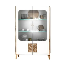 SAFARY - Vitrine 2 Portes Laquée Blanc Et Or Décor Sérigraphié