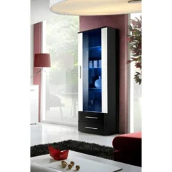 Vitrine NEO I Design, Coloris Noir Et Blanc Brillant, Tiroirs Noirs Brillants + LED.