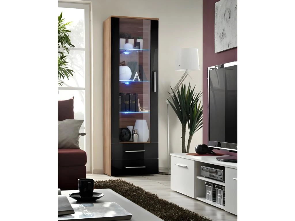 Vitrine NEO I Design, Coloris Prunier Et Noir Brillant, Tiroirs Noirs Brillants + LED. 3 Vitrine NEO I Design, Coloris Prunier Et Noir Brillant, Tiroirs Noirs Brillants + LED.