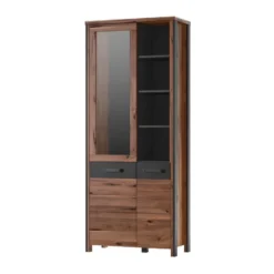 Vitrine Collection WINDSOR. Coloris Chêne Foncé Et Gris Anthracite.