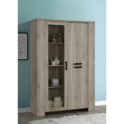 Vitrine Trois Portes Style Rustique Collection VERMONT Coloris Chêne.