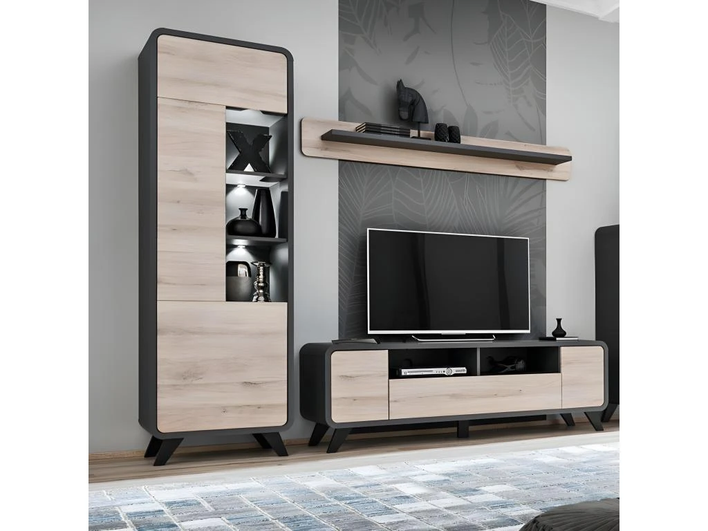 Vitrine Haute Avec LED Collection OASIS. Coloris Gris Et Bois. Meuble Design Idéal Pour Votre Salle à Manger 6 Vitrine Haute Avec LED Collection OASIS. Coloris Gris Et Bois. Meuble Design Idéal Pour Votre Salle à Manger – Image 4