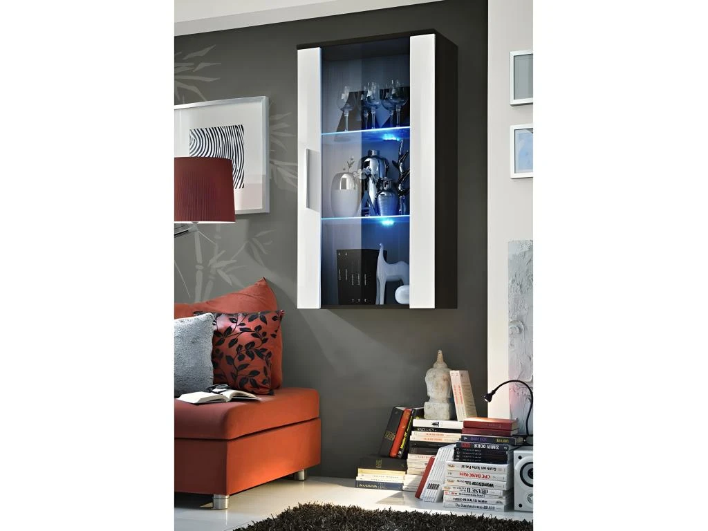 Vitrine LED Murale Design "Neo II" 110cm Blanc Et Wengé Avec Système LED. 3 Vitrine LED Murale Design "Neo II" 110cm Blanc Et Wengé Avec Système LED.