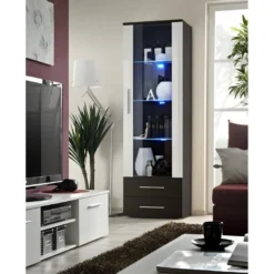 Vitrine NEO I Design, Coloris Wengé Et Blanc Brillant, Tiroirs Noirs Brillants + LED. Meuble Moderne Et Tendance.