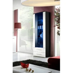 Vitrine NEO I Design, Coloris Noir Et Blanc Brillant, Tiroirs Blancs Brillants + LED.