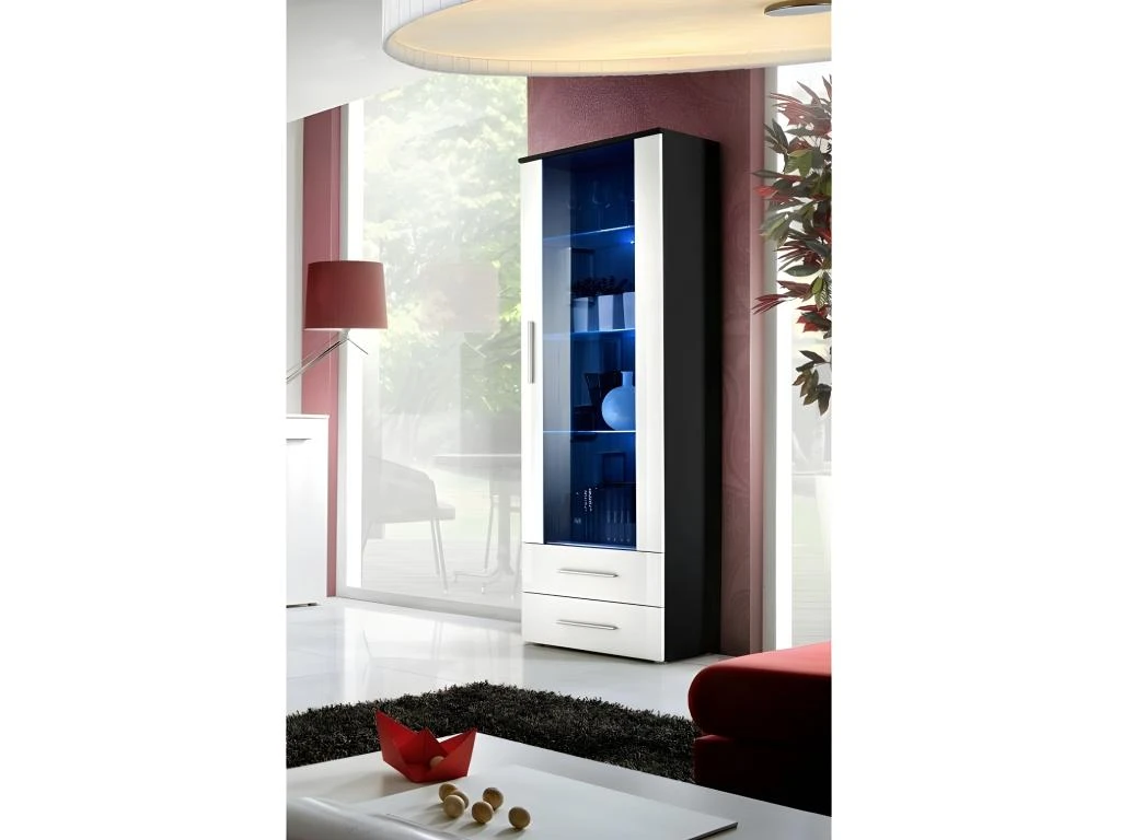 Vitrine NEO I Design, Coloris Noir Et Blanc Brillant, Tiroirs Blancs Brillants + LED. 3 Vitrine NEO I Design, Coloris Noir Et Blanc Brillant, Tiroirs Blancs Brillants + LED.