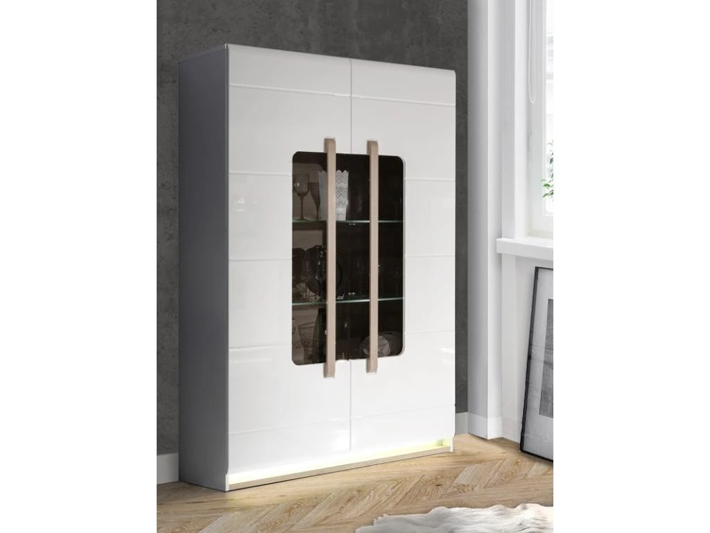 Vitrine 2 Portes Laquée Blanche Et Décor Chêne Naturel - ALEXIANE 4 Vitrine 2 Portes Laquée Blanche Et Décor Chêne Naturel - ALEXIANE – Image 2