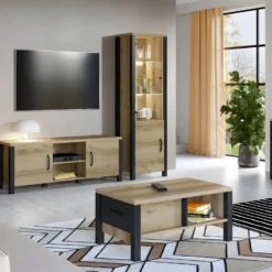 Vitrine Haute Design, 2 Portes Collection DARWIN. Couleur Chêne Clair Et Noir. -Pas Cher Mobiliora Magasin bibliotheque vitrine et etagere 8927547