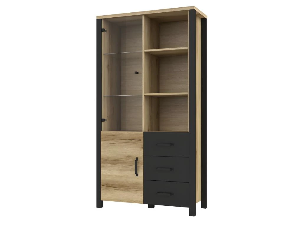 Vitrine Large Design Collection DARWIN. Couleur Chêne Clair Et Noir. 2 Portes, 3 Tiroirs, 3 Niches 3 Vitrine Large Design Collection DARWIN. Couleur Chêne Clair Et Noir. 2 Portes, 3 Tiroirs, 3 Niches