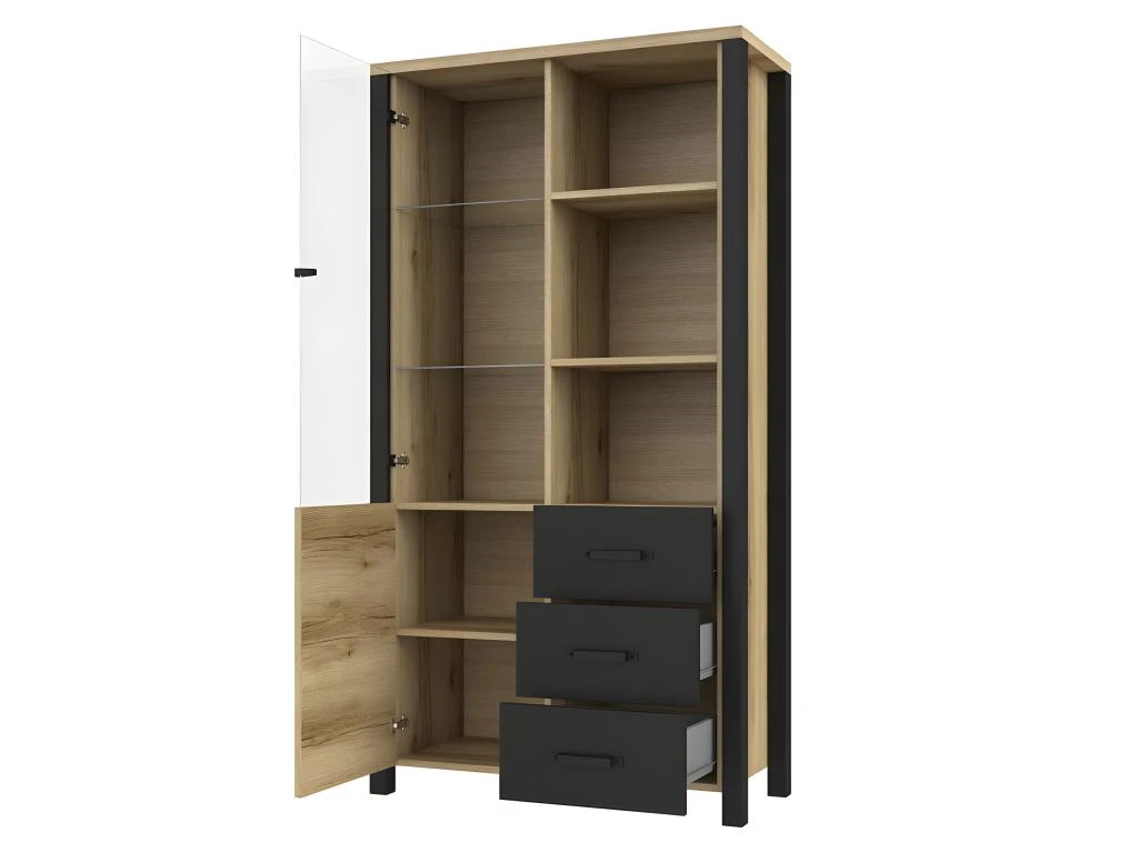 Vitrine Large Design Collection DARWIN. Couleur Chêne Clair Et Noir. 2 Portes, 3 Tiroirs, 3 Niches 4 Vitrine Large Design Collection DARWIN. Couleur Chêne Clair Et Noir. 2 Portes, 3 Tiroirs, 3 Niches – Image 2