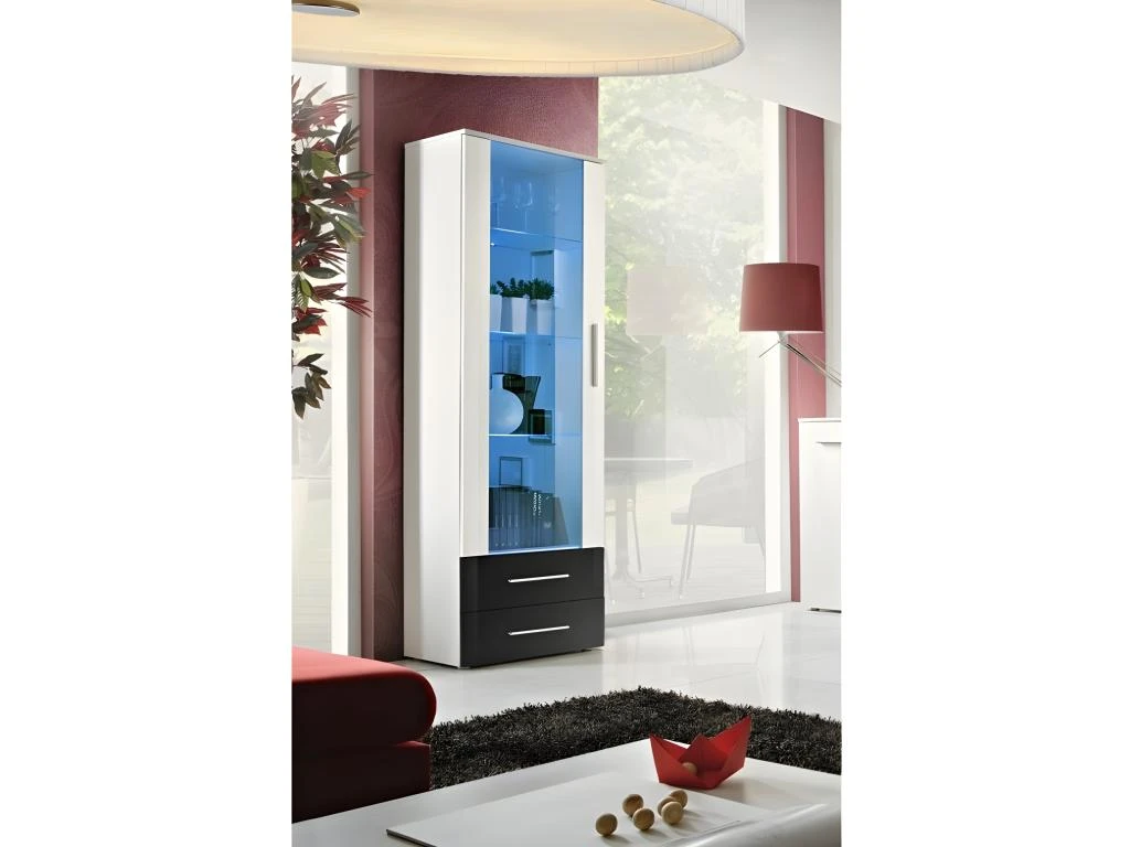 Vitrine NEO I Design, Coloris Blanc Et Blanc Brillant, Tiroirs Noirs Brillants + LED. 3 Vitrine NEO I Design, Coloris Blanc Et Blanc Brillant, Tiroirs Noirs Brillants + LED.