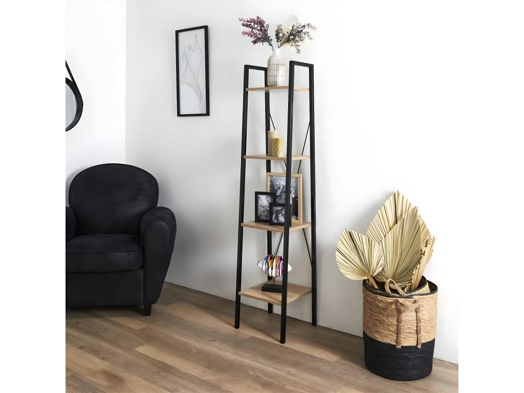 DARA - Etagère Simple 4 Plateaux Métal Et Aspect Bois 4 DARA - Etagère Simple 4 Plateaux Métal Et Aspect Bois – Image 2