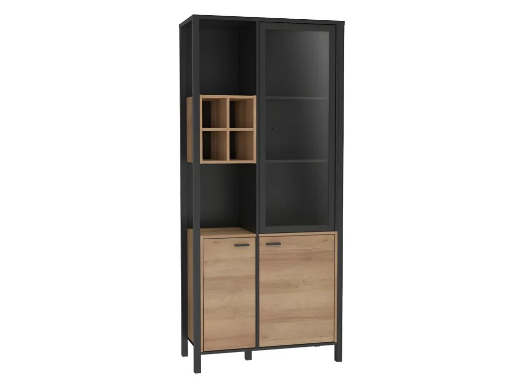 Vitrine H194 Cm Décor Noir Et Effet Chêne Avec Poignées Noir - MODE 3 Vitrine H194 Cm Décor Noir Et Effet Chêne Avec Poignées Noir - MODE