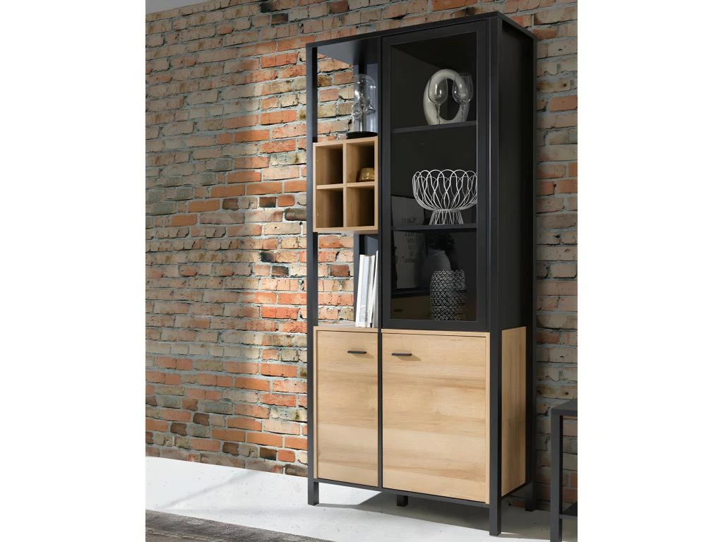 Vitrine H194 Cm Décor Noir Et Effet Chêne Avec Poignées Noir - MODE 4 Vitrine H194 Cm Décor Noir Et Effet Chêne Avec Poignées Noir - MODE – Image 2