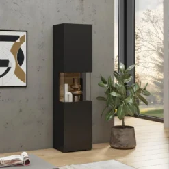 Vitrine 1 Porte Partiellement Vitrée Collection EVA. Couleur Noir Et Chêne.