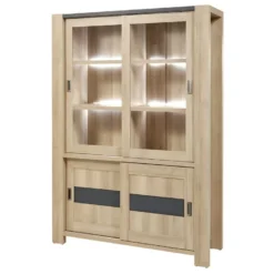 IRIS - Vitrine 4 Portes Coulissantes Imitation Bois + Led -Pas Cher Mobiliora Magasin bibliotheque vitrine et etagere 9499885