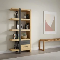 Bibliothèque 2 Tiroirs Et 3 étagères - Bois D'acacia Et Métal - Naturel Et Noir - JALEBA