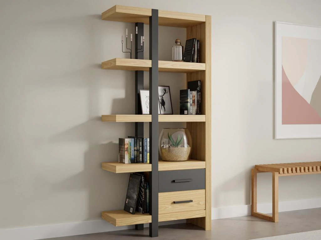 Bibliothèque 2 Tiroirs Et 3 étagères - Bois D'acacia Et Métal - Naturel Et Noir - JALEBA 4 Bibliothèque 2 Tiroirs Et 3 étagères - Bois D'acacia Et Métal - Naturel Et Noir - JALEBA – Image 2