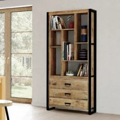 Bibliothèque HARLEM - 3 Tiroirs & 7 Niches - Bois De Manguier & Métal