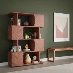 Bibliothèque 4 Portes Et 4 Niches - Bois D'acacia Et Métal - Naturel Et Noir - VEDILA