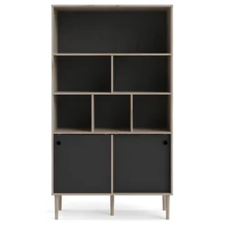 Rome Étagère, 2 Portes Coulissantes Et 6 Compartiments, Imitation Chêne Hickory, Noir Mat.