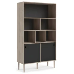 Rome Étagère, 2 Portes Coulissantes Et 6 Compartiments, Imitation Chêne Hickory, Noir Mat. -Pas Cher Mobiliora Magasin bibliotheque 22083121