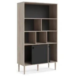 Rome Étagère, 2 Portes Coulissantes Et 6 Compartiments, Imitation Chêne Hickory, Noir Mat. -Pas Cher Mobiliora Magasin bibliotheque 22083123