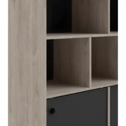 Rome Étagère, 2 Portes Coulissantes Et 6 Compartiments, Imitation Chêne Hickory, Noir Mat. -Pas Cher Mobiliora Magasin bibliotheque 22083125