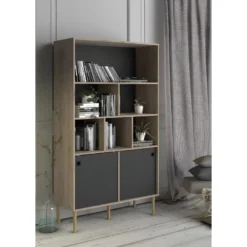 Rome Étagère, 2 Portes Coulissantes Et 6 Compartiments, Imitation Chêne Hickory, Noir Mat. -Pas Cher Mobiliora Magasin bibliotheque 22083133