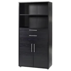 Prisme Armoire De Bureau 1 Tablette De Rangement, 2 Tiroirs, 2 Portes, Finition Frêne Noir.
